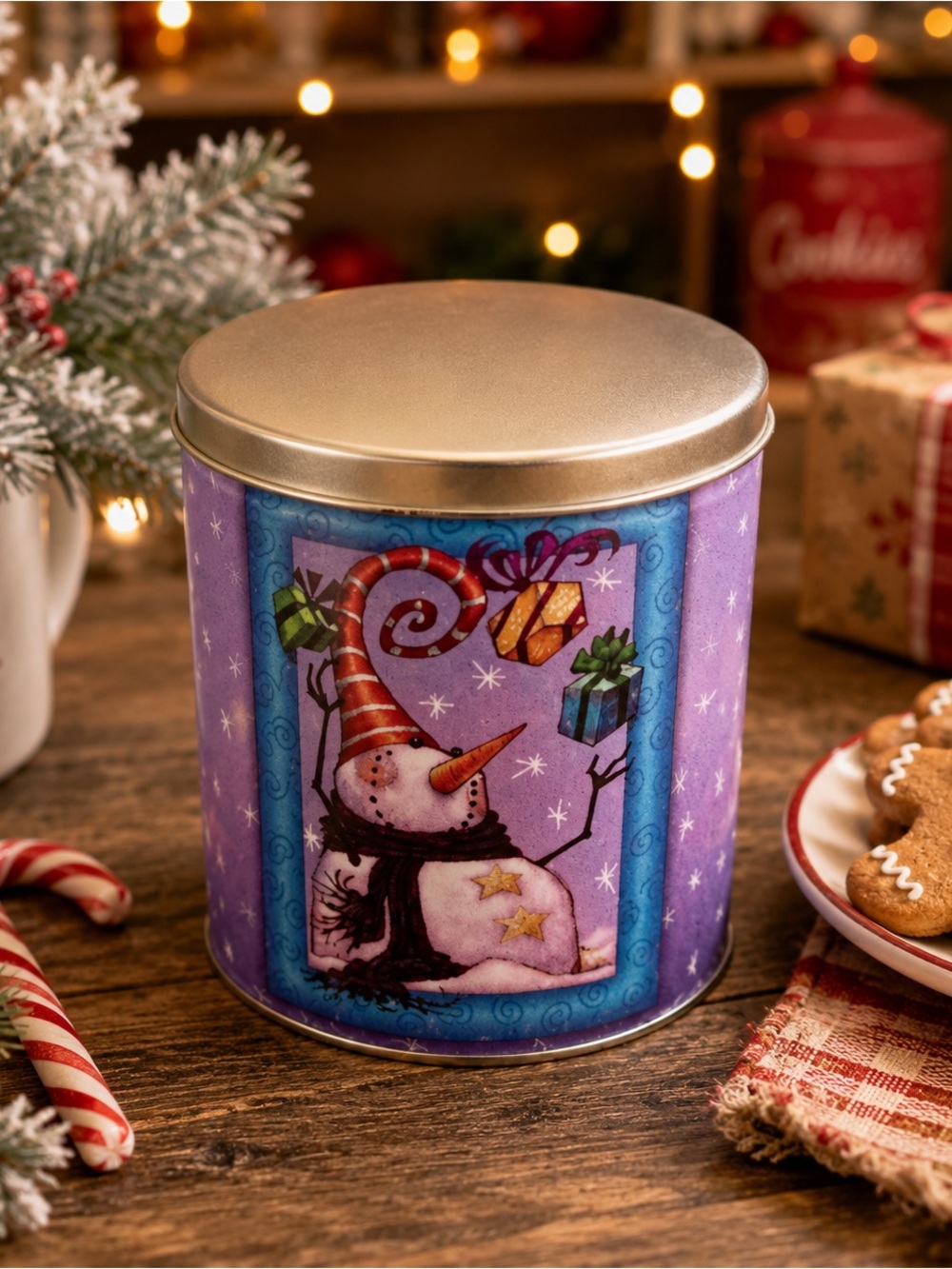Tall Snowman Christmas Cookie Tin Purple Holiday Storage Container Decor